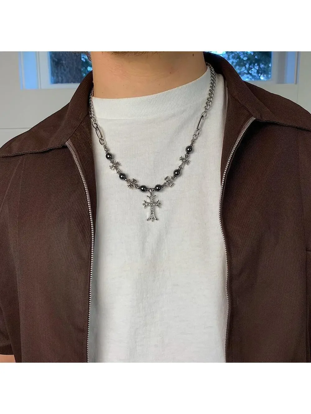 Cyber y2k 2000s style grunge chrome pearl rhinestone silver cross pendant Cuban